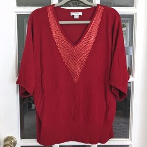 Women's 1X Embellished Sequin CJ Banks Christopher & Banks Red Sweater